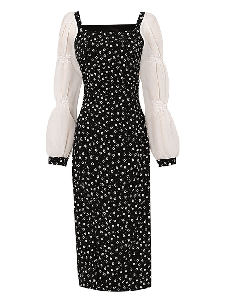 Black Daisy Print Split Straight Dress