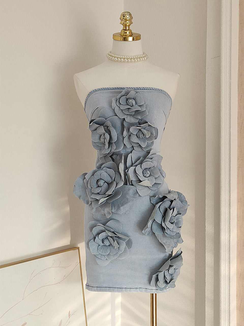 Bandeau Floral Denim Vintage Mini Dress