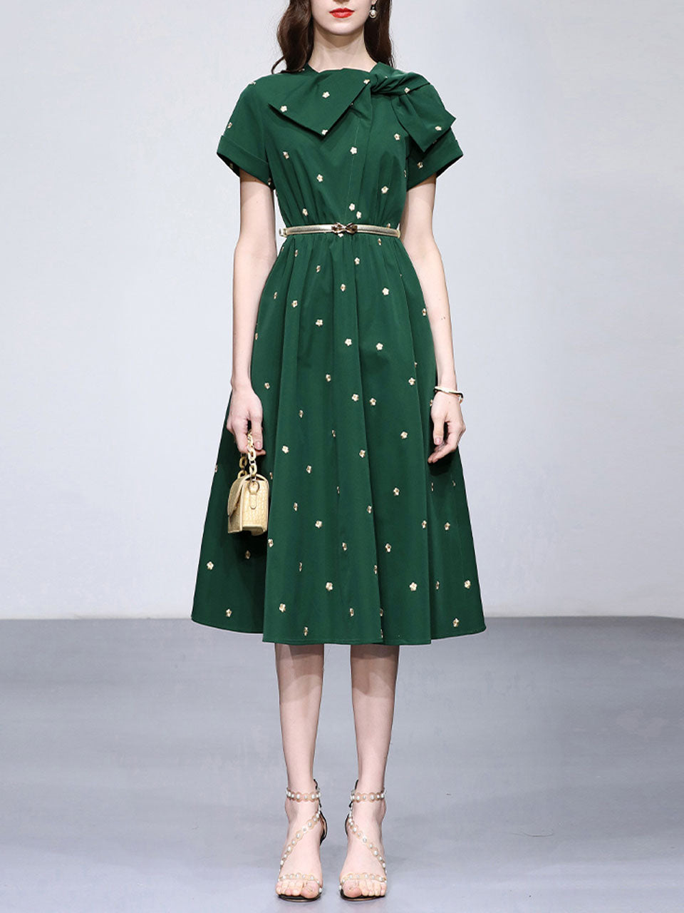 Dark Green Bow Collar Embroidered Flower 1950S Vintage Dress
