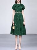 Dark Green Bow Collar Embroidered Flower 1950S Vintage Dress