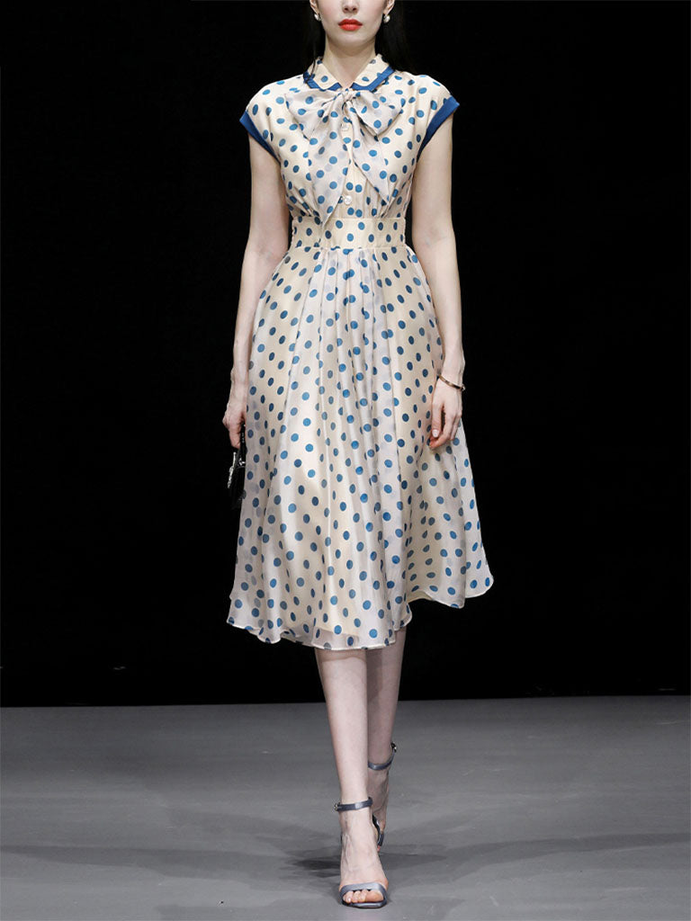 Blue Polka Dots Bow Collar 1950S Vintage Dress