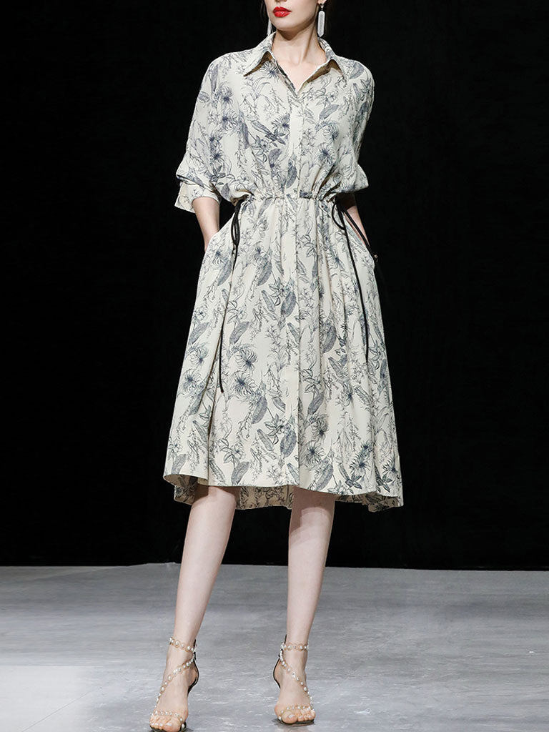 Apricot Doll Sleeves Nipped Waist Slim Print Shirt Dress