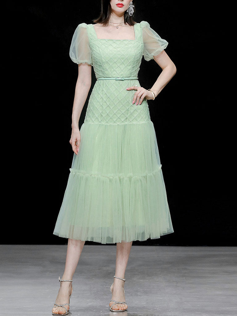Green Vintage Style Square Neck Puff Sleeve Tulle Party Dress
