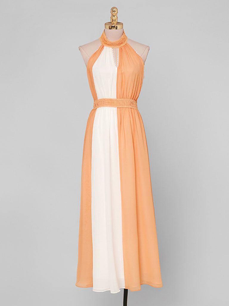 White And Orange Lace Halter Maxi Dress