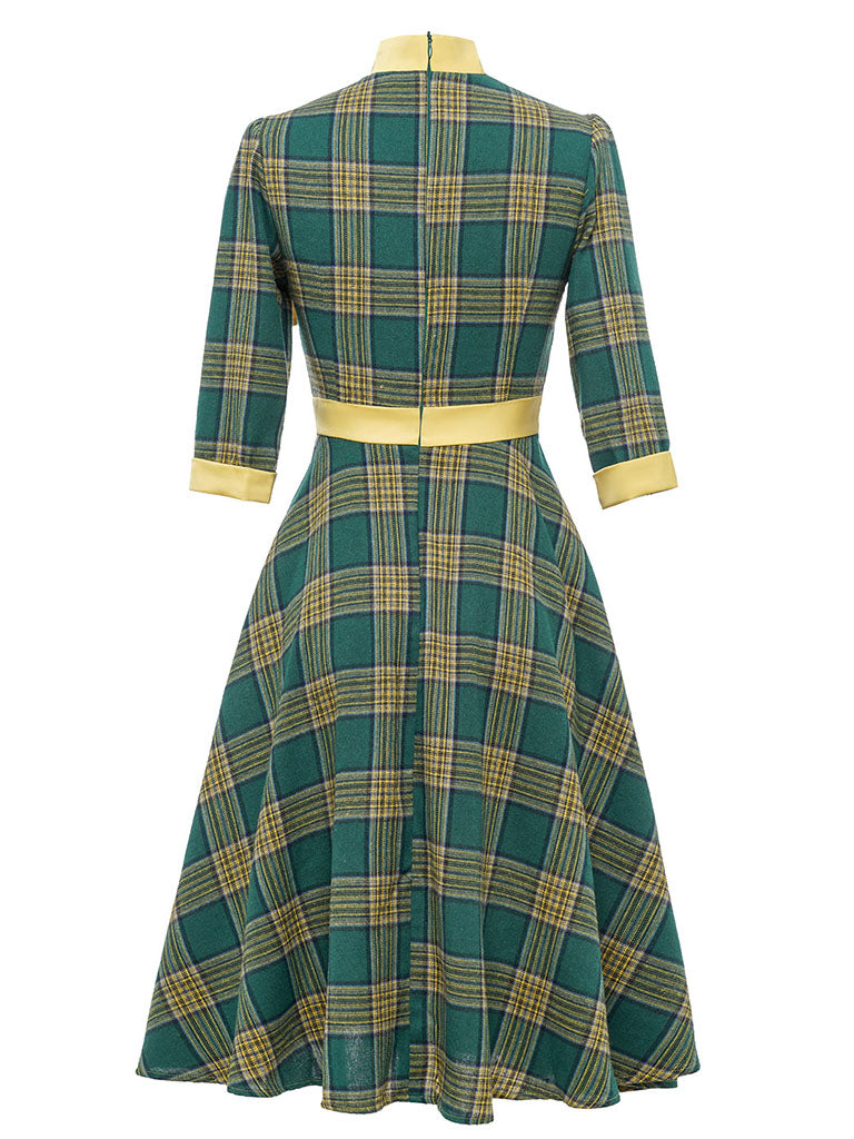 Green And Yellow Plaid 3/4 Sleeve 1950S Cotton Vintage Dress
