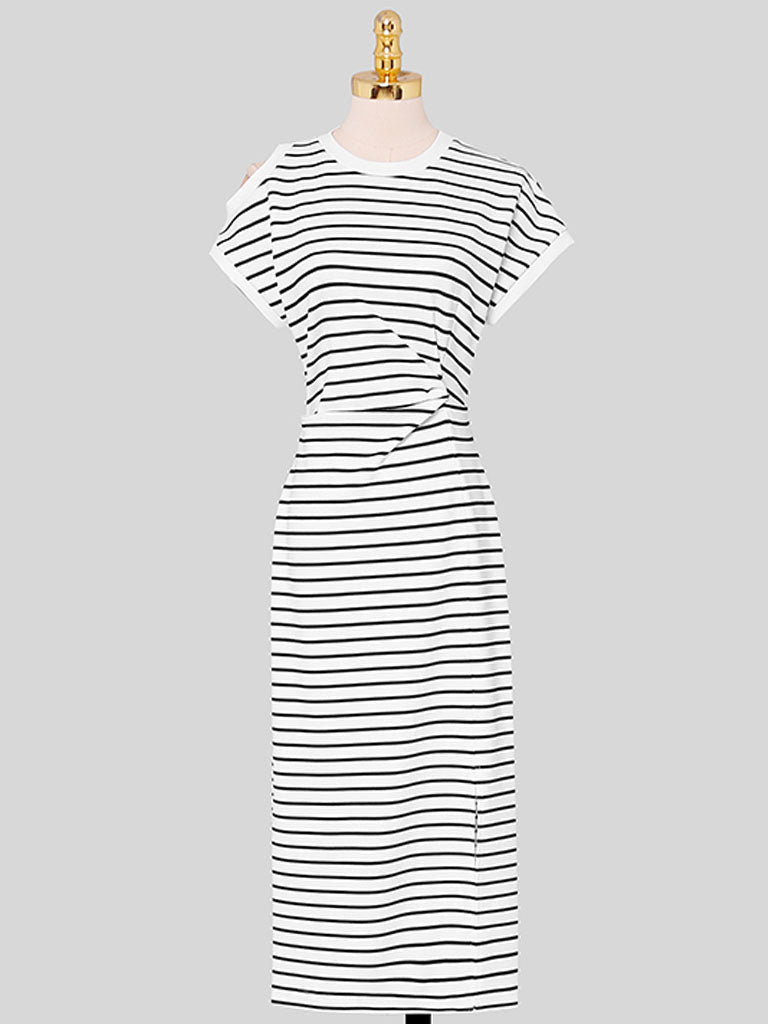 Striped Crew Neck Slit Casual Bodycon Dress