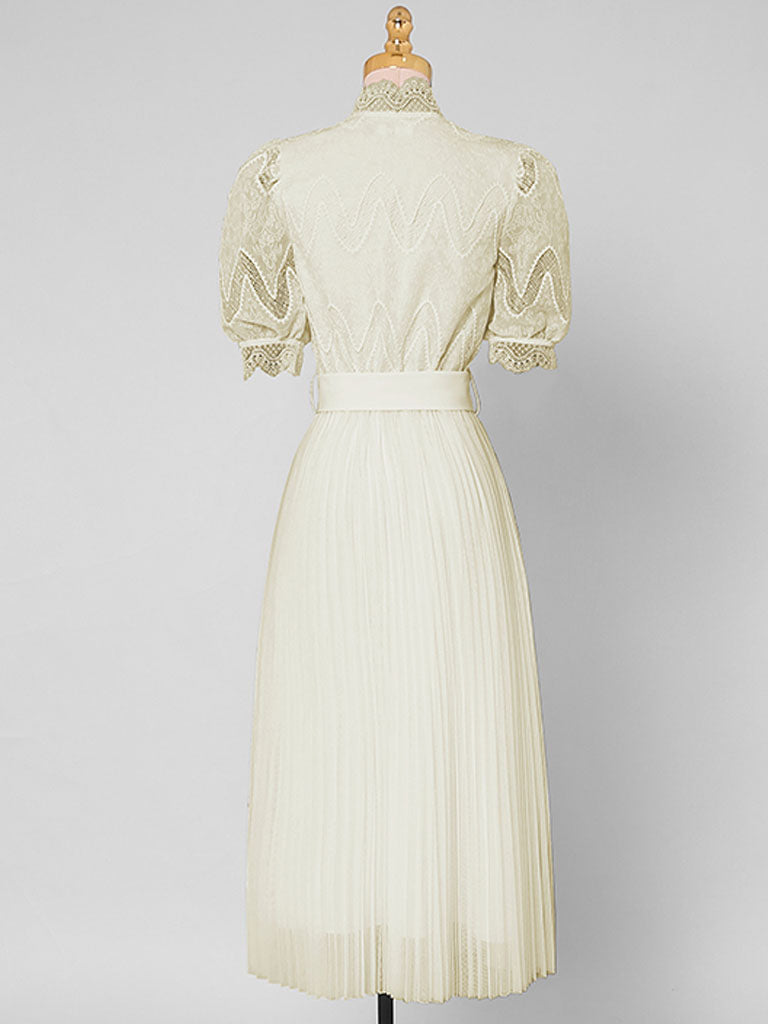 Apricot Stand Collar Puff Sleeve Mesh Pleated Dress