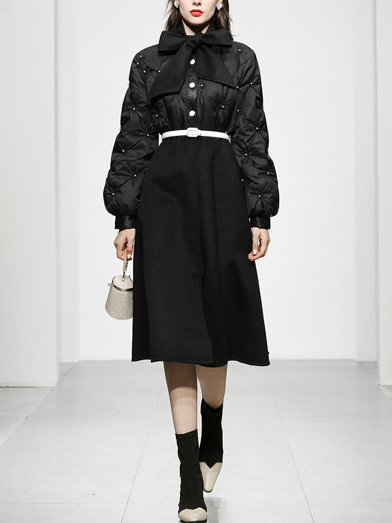 Black Big Bowknot  Diamond Lattice Pearl 1950S Coat
