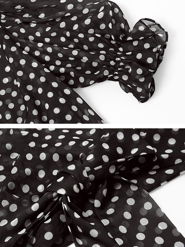Black Polka Dots V Neck Vintage Style Ruffles Dress