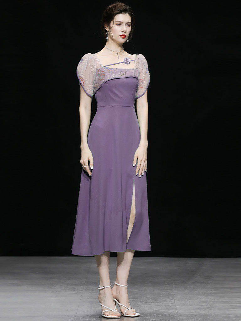 Lavender Flower Split 1950S Vintage Dress