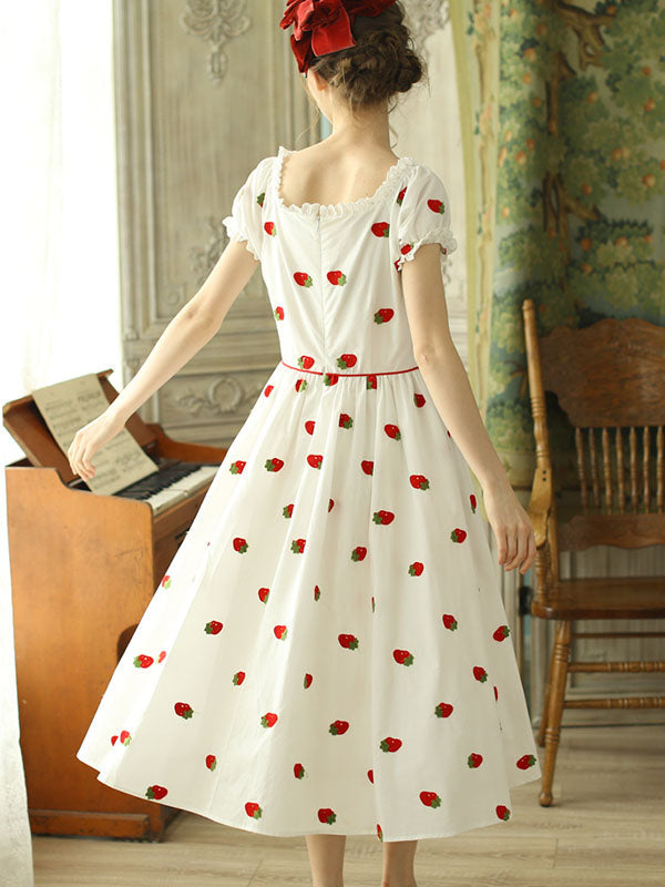 Strawberry  Embroidered Puff Sleeve Vintage Cotton Dress