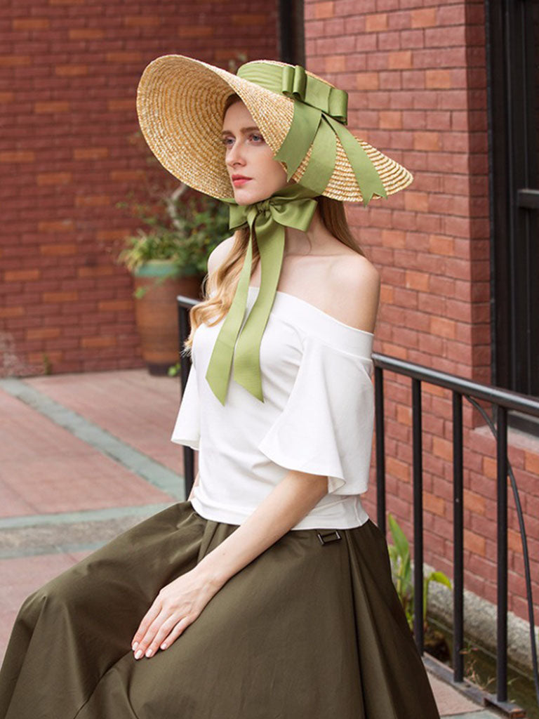 Sweet Green Bow Vintage Pride And Prejudice Same Style 1950S Straw Hat