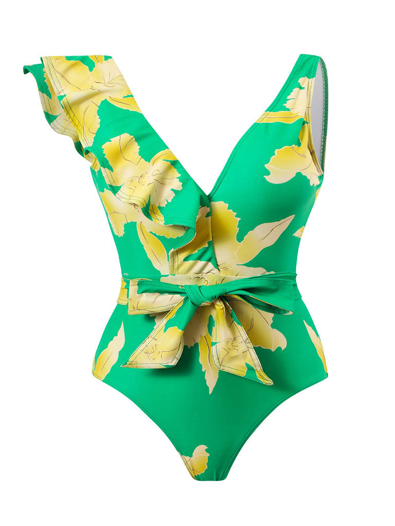 Blue Floral Print Ruffles Strap One Piece