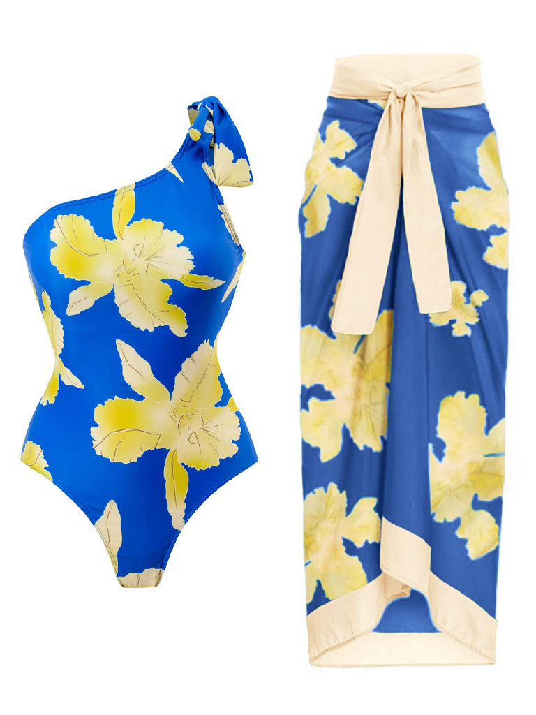 Blue Floral Print Ruffles One Shoulder Bodysuit