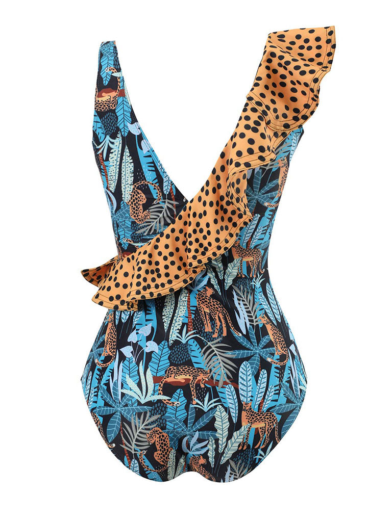Blue Leopard Print V Neck One Piece