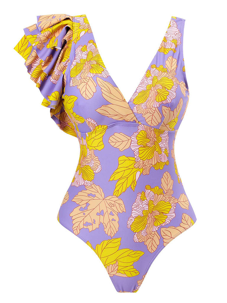 Purple Leaf Print V Neck One Piece