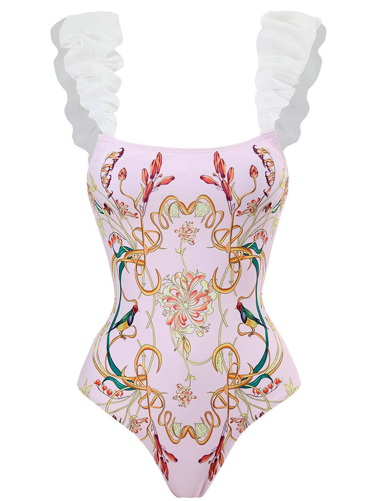 Pink Floral Print Flower Strap One Piece