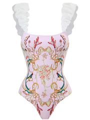Pink Floral Print Flower Strap One Piece