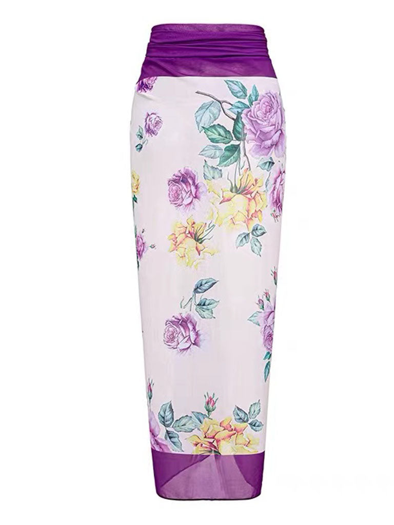 Purple Floral Print Bow Strap One Piece