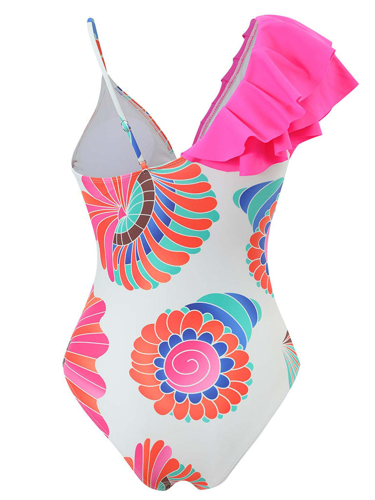 Pink Floral Print Ruffles Strap One Piece