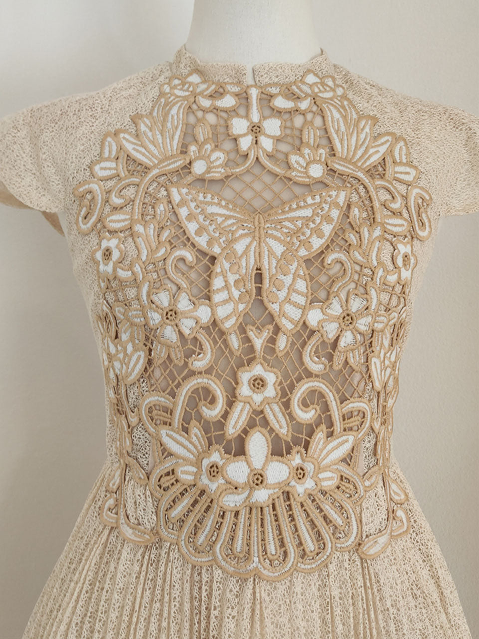 Apricot Embroidered Butterfly Hollow Short Sleeve Lace Dress