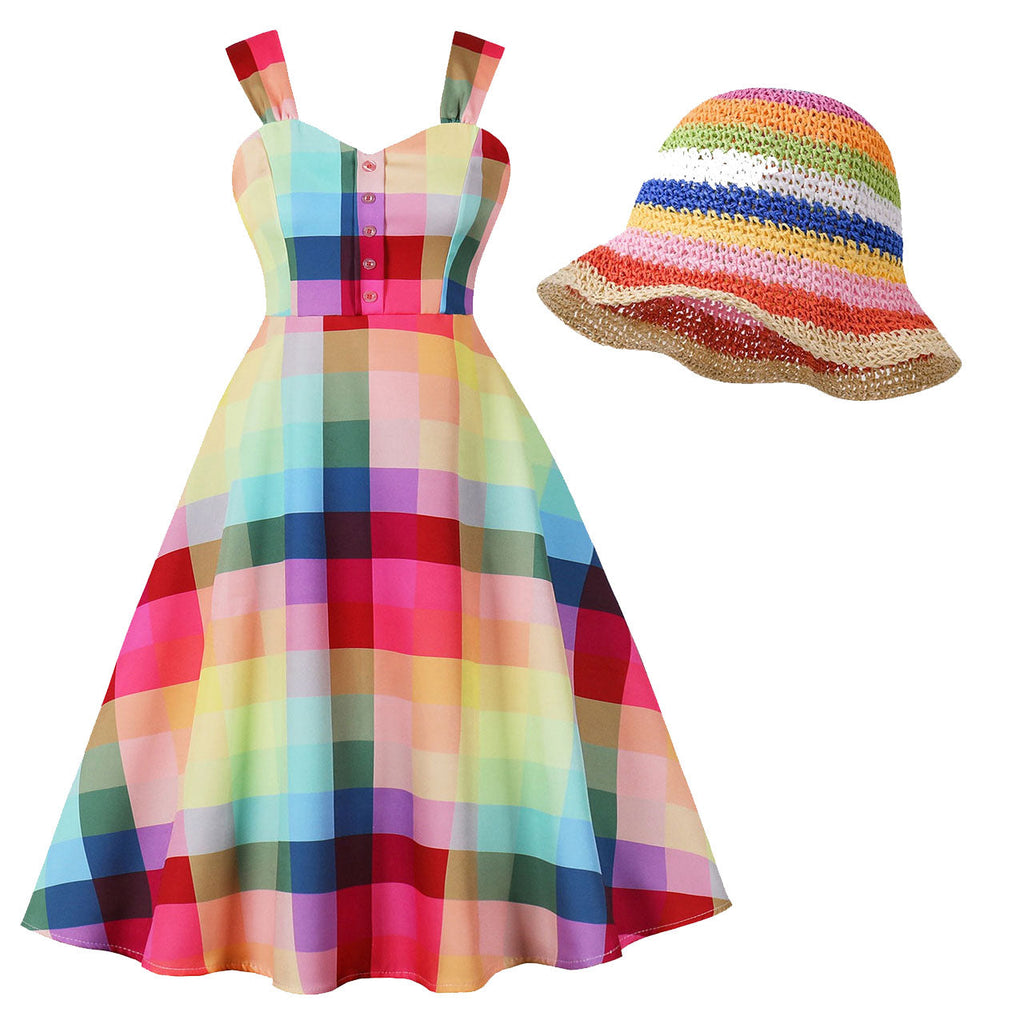 Rainbow Check Strappy Swing Dress 1950S Vintage Dress