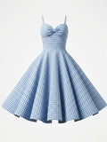 Vintage Blue Plaid Dorothy Dress, 1950s Sweetheart Neckline Retro Picnic A-Line Swing Dress