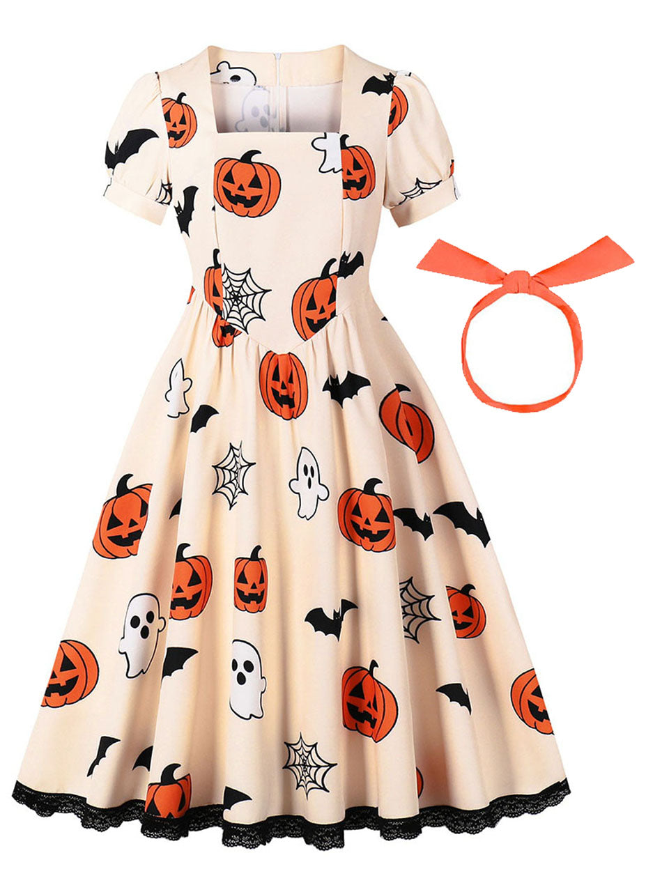 1950s Orange Square Neck Short Sleeve Halloween Pumpkin Print Vintage Swing Dress