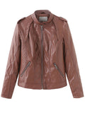 Brown Long Sleeve PU Leather Soft Jacket For Women