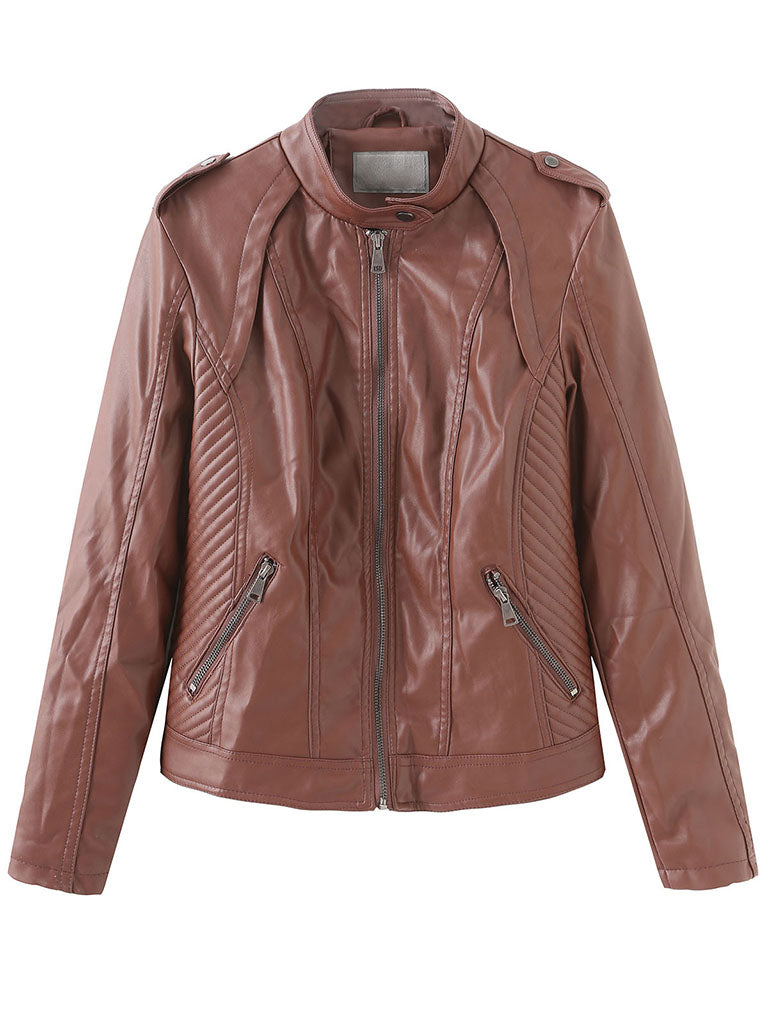 Brown Long Sleeve PU Leather Soft Jacket For Women
