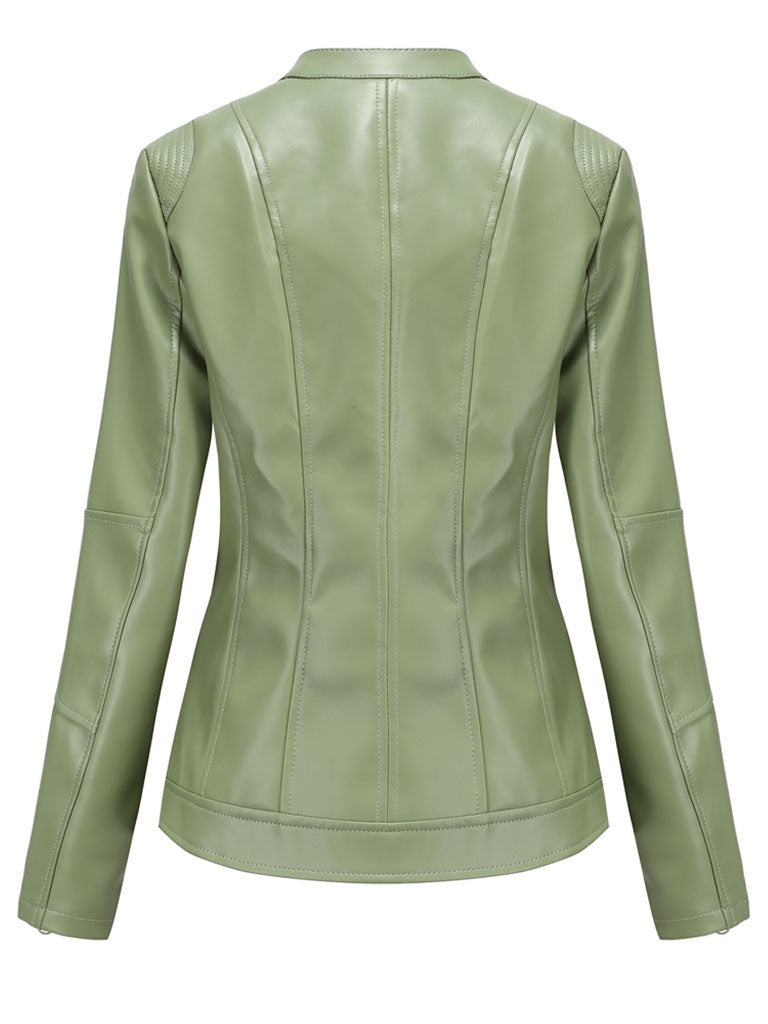 Light Green Long Sleeve PU Leather Motorcycle Jacket For Women