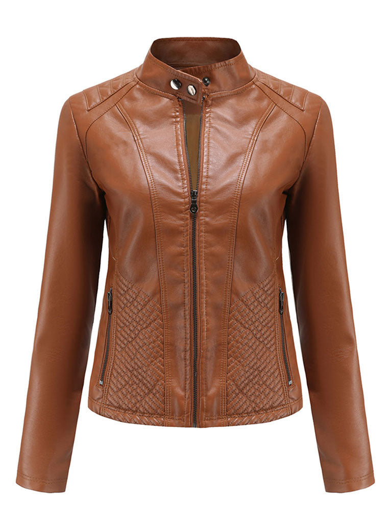 Stand Collar Long Sleeve PU Leather Motorcycle Jacket
