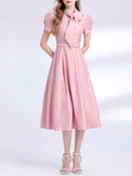 Pink Satin Bowknot Short Sleeve Classic 1950S Vintage Sweet Party Dress