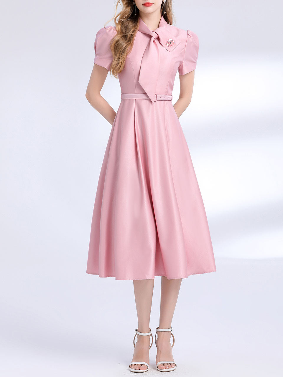 Pink Satin Bowknot Short Sleeve Classic 1950S Vintage Sweet Party Dress