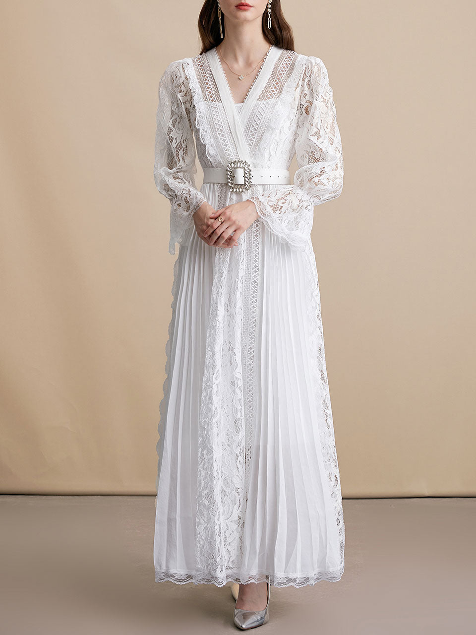 White V Neck Long Sleeve Classic 1950S Vintage Lace Dress