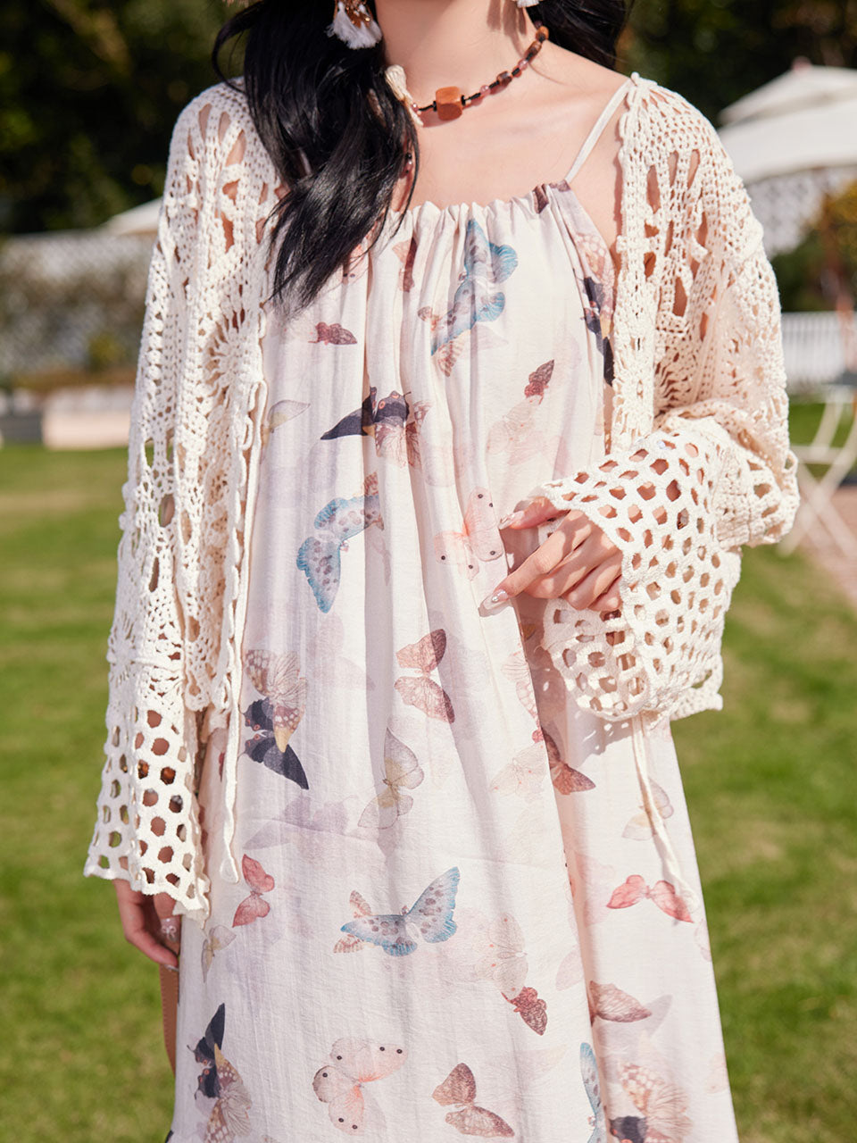 Bohemian Retro Sweet Butterfly Print Beaded Strap Boho Maxi Dress
