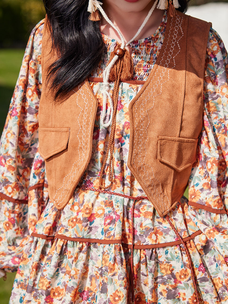Bohemian Orange Printed Long-sleeved Mini Dress