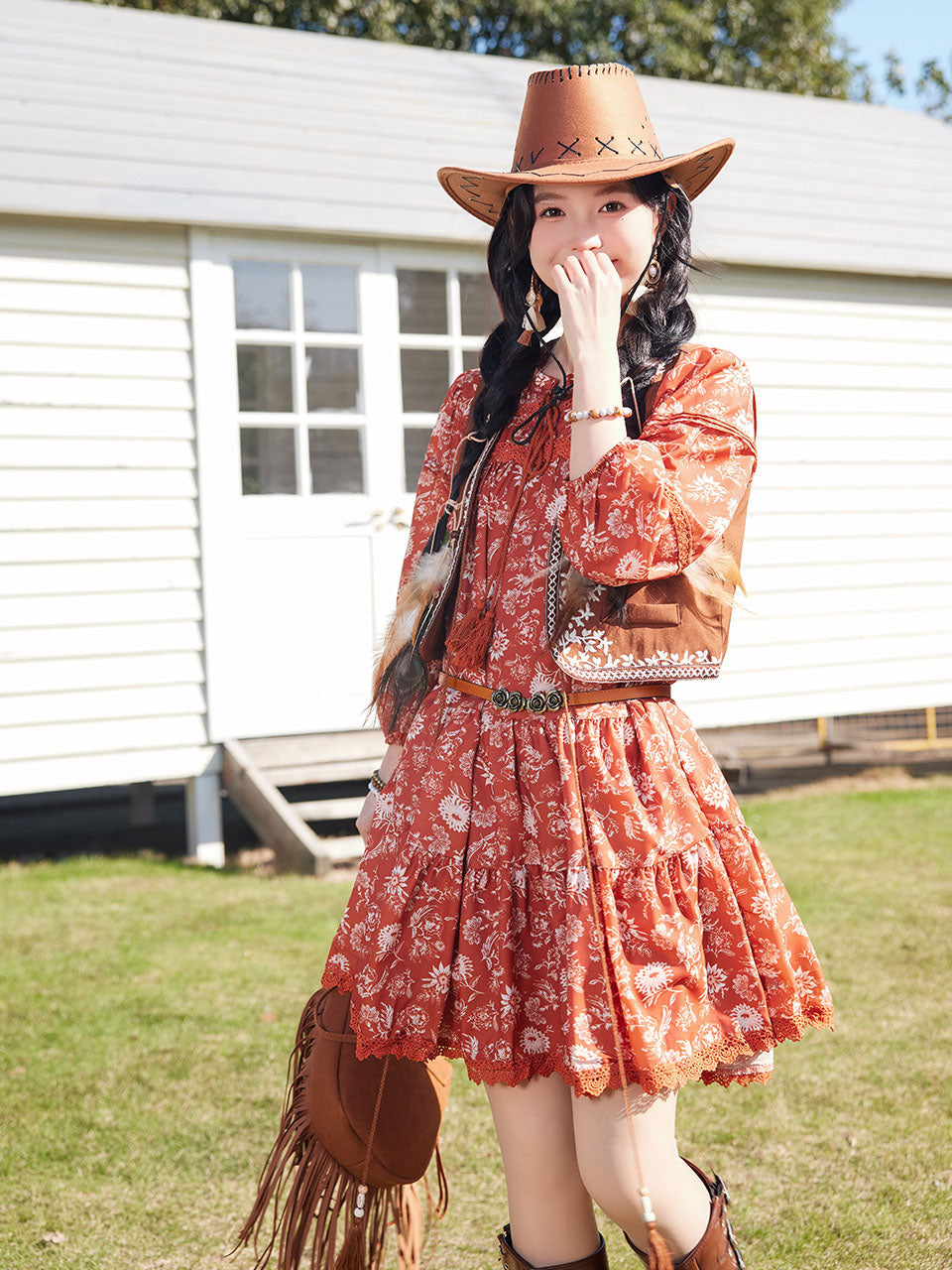 Bohemian Orange Printed Long-sleeved Mini Dress