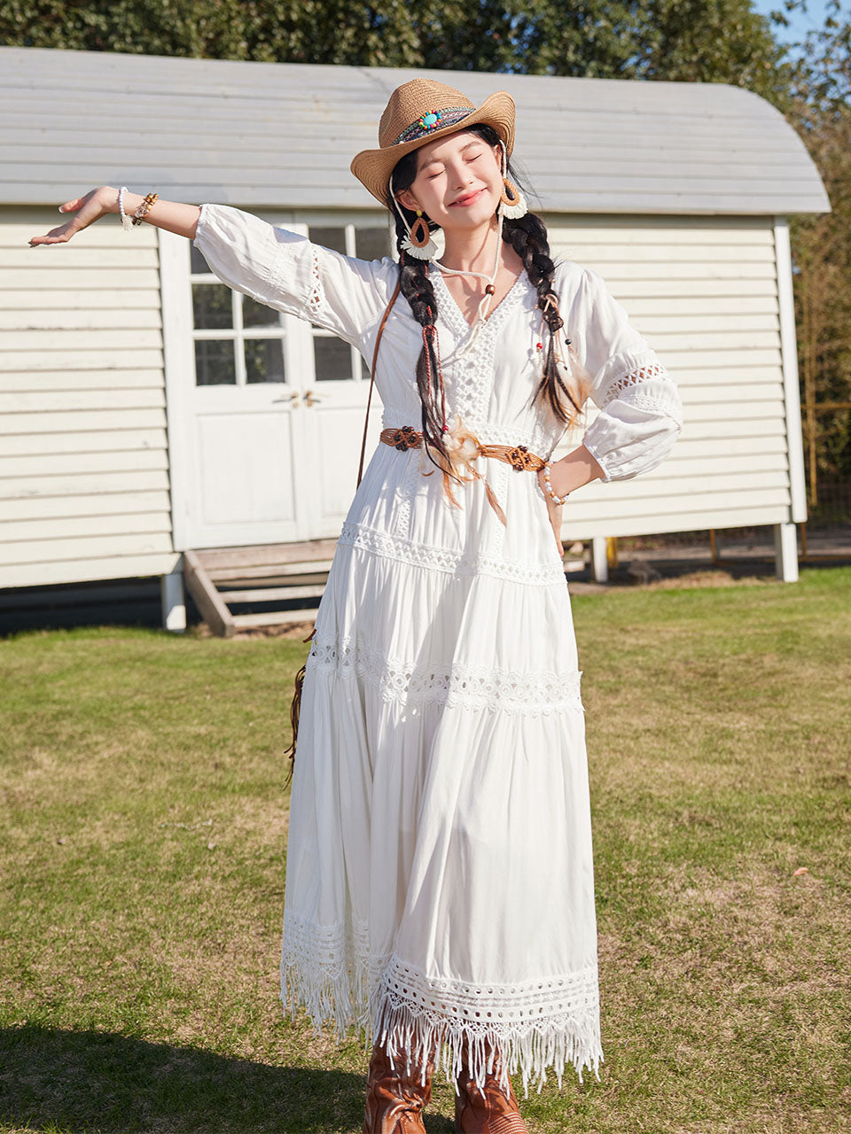 Bohemian White Long-sleeved Cotton Tassel Maxi Dress