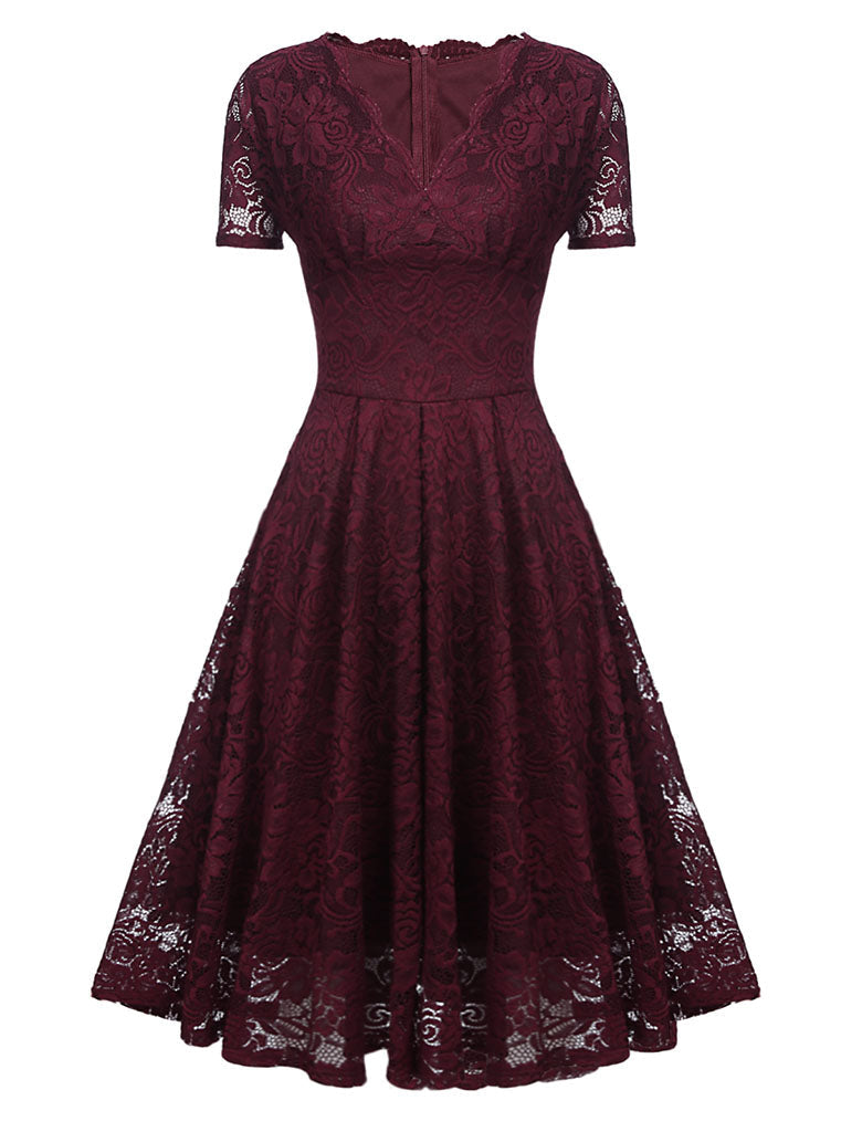 Solid Color Lace Short Sleeve V Neck 50s Party Swing Dress