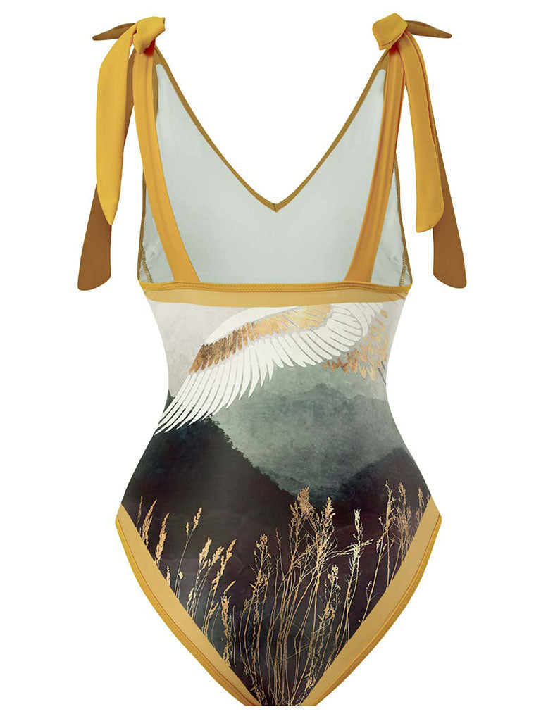 Cranes Bird Print Retro Style V Neck One Piece