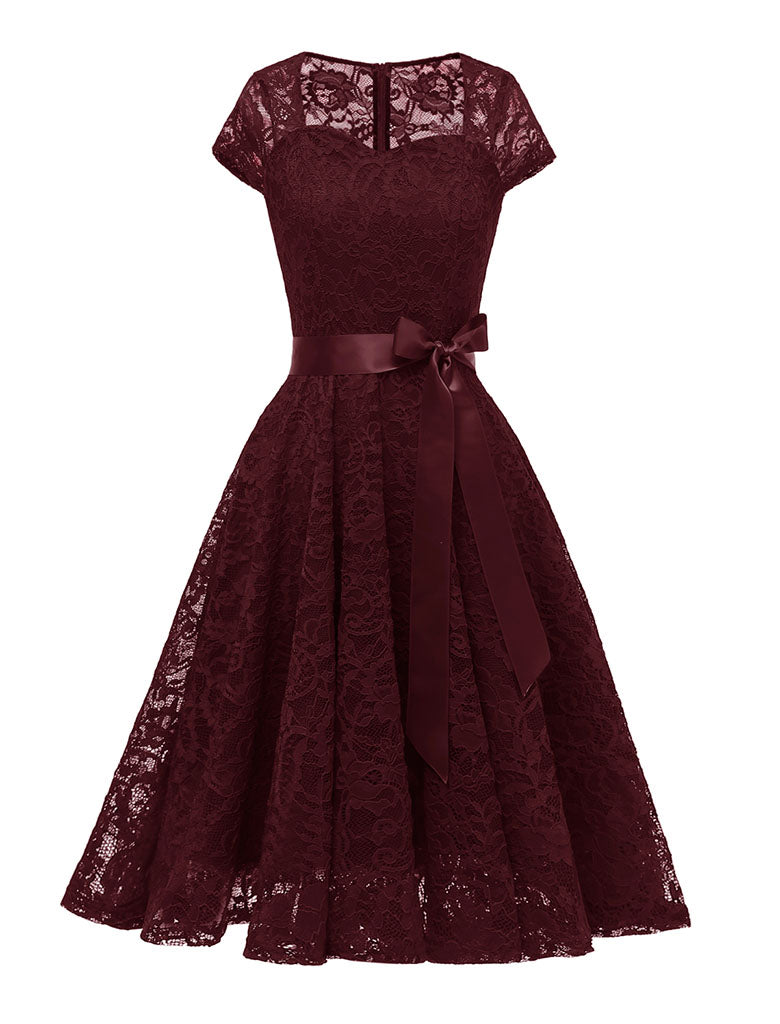 Navy Semi Sheer Solid Color 50s Party Lace Swing Dress