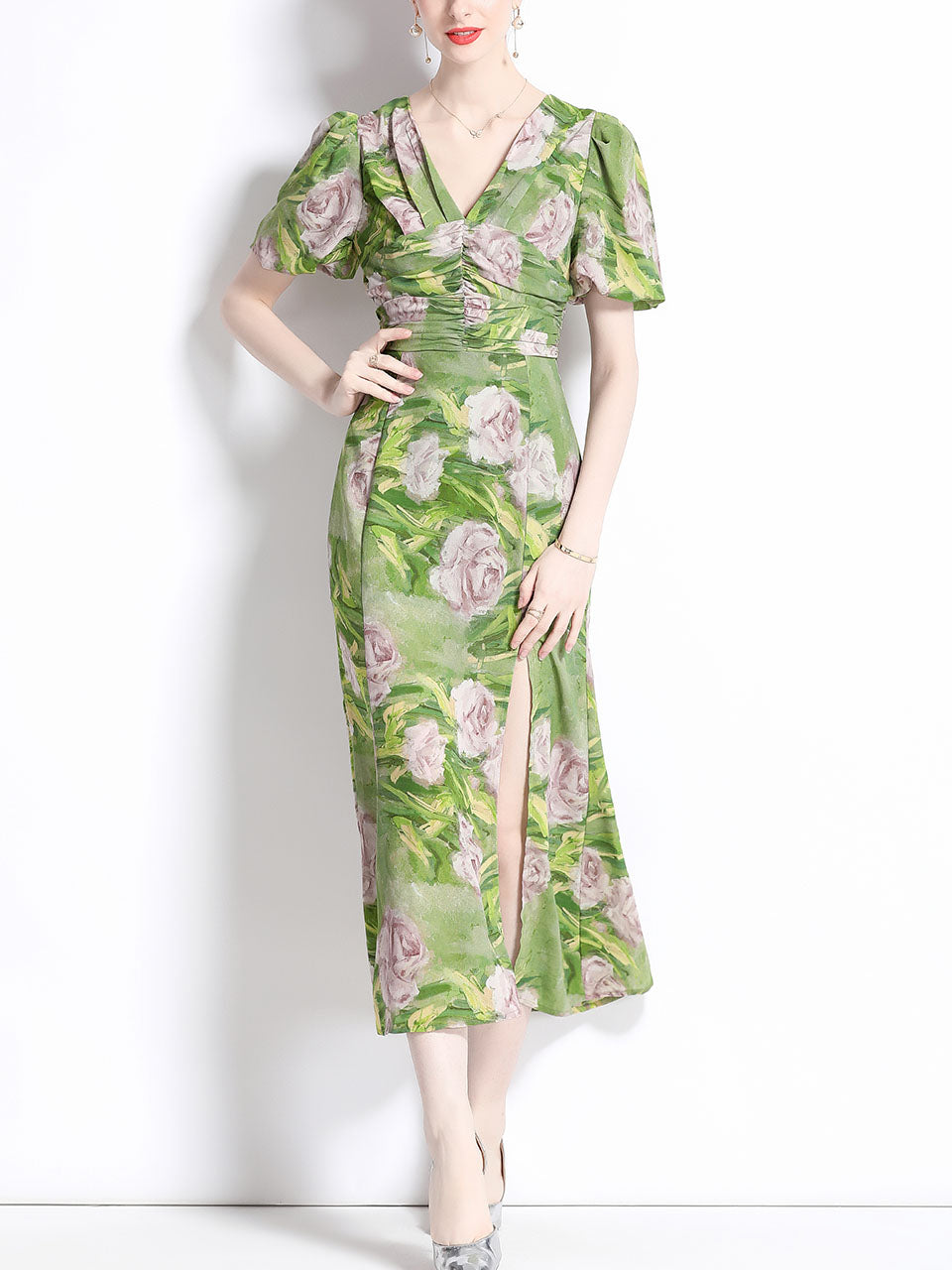 Green V-neck Puff Sleeves Floral Print Slit Bodycon Dress