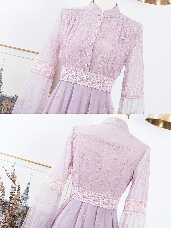 Embroidered Puff Long Sleeve Edwardian Revival Dress