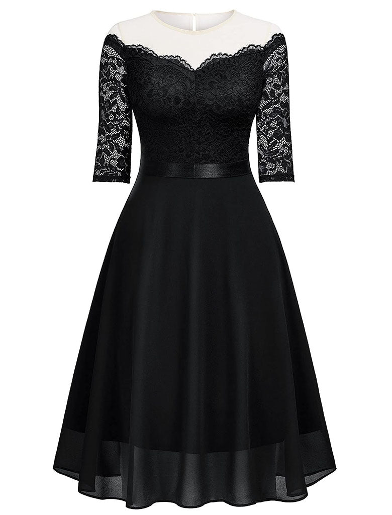 Semi Sheer Solid Color 50s Party Lace Swing Dress