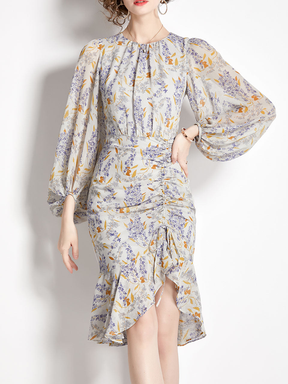 Grey Crew Neck Puff Sleeves Floral Print Bodycon Dress