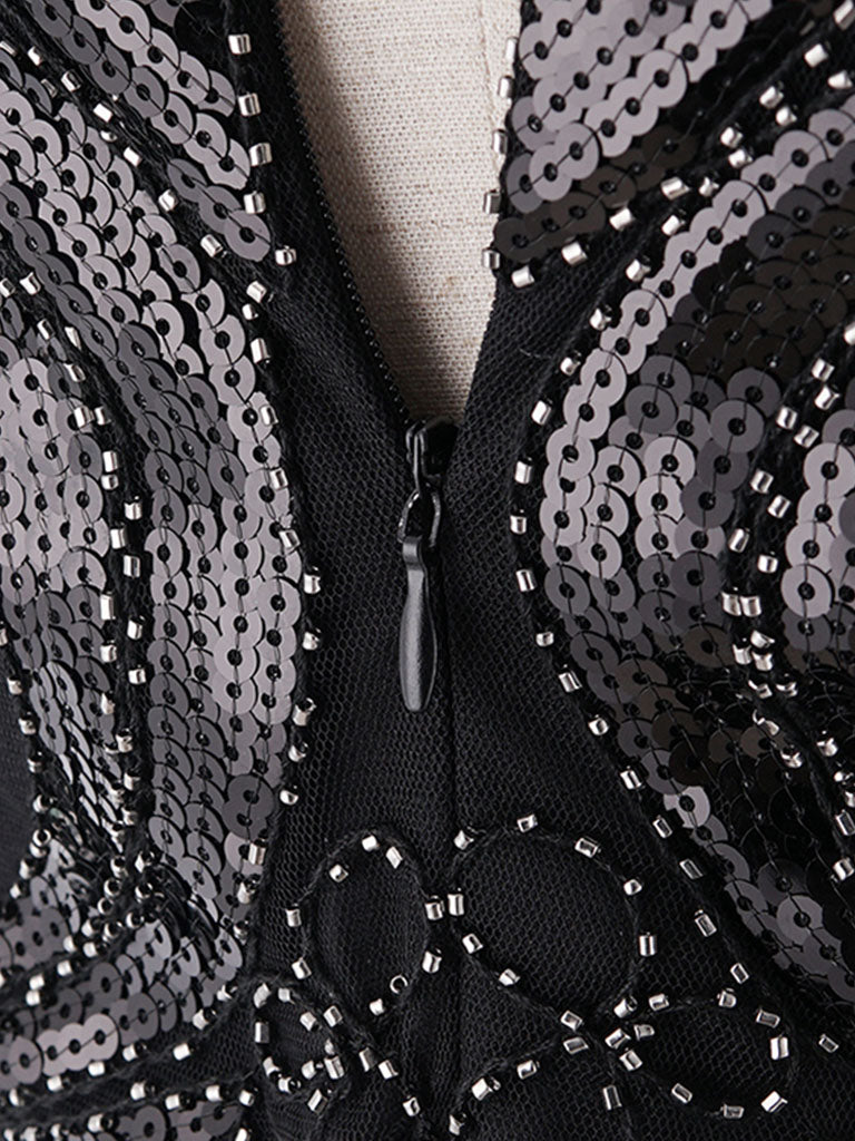 1920S Short Sleeve Fringed Sequin Gatsby Flapper Dress