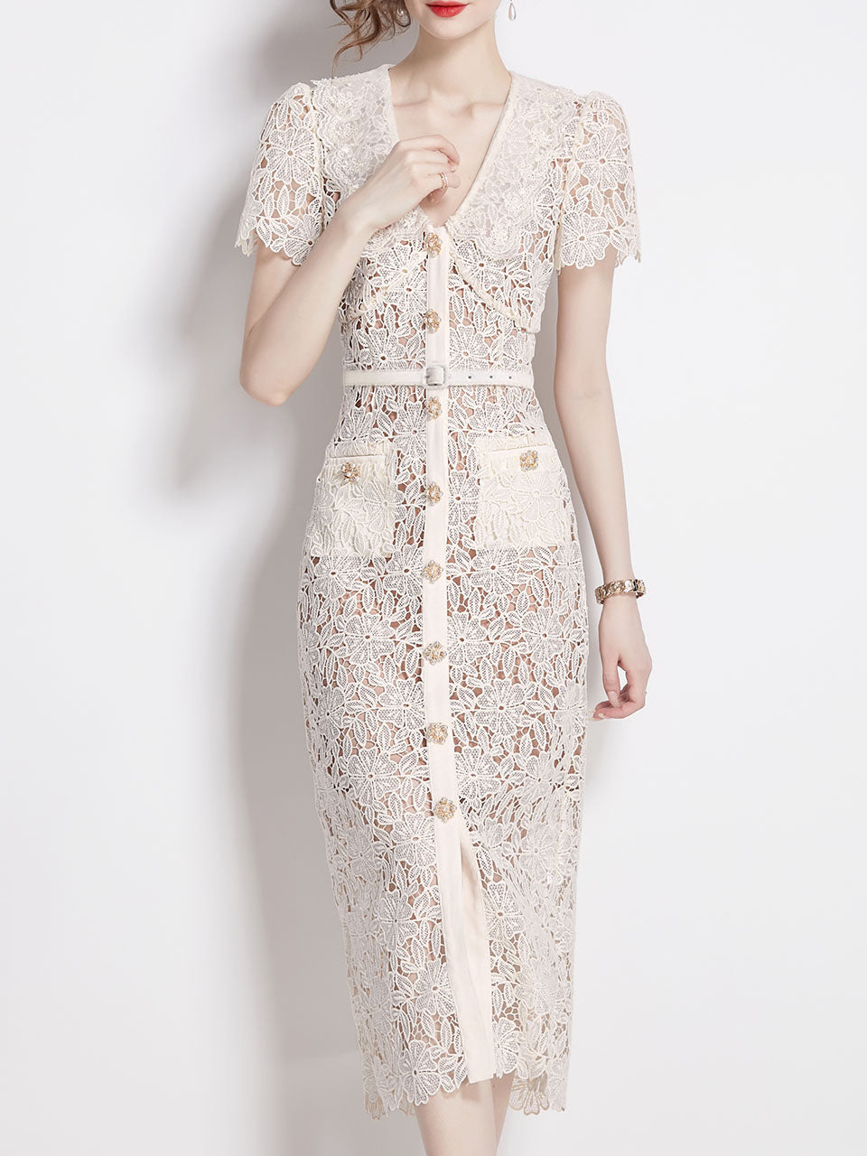White Lace V Neck Short Sleeve Bodycon Dress