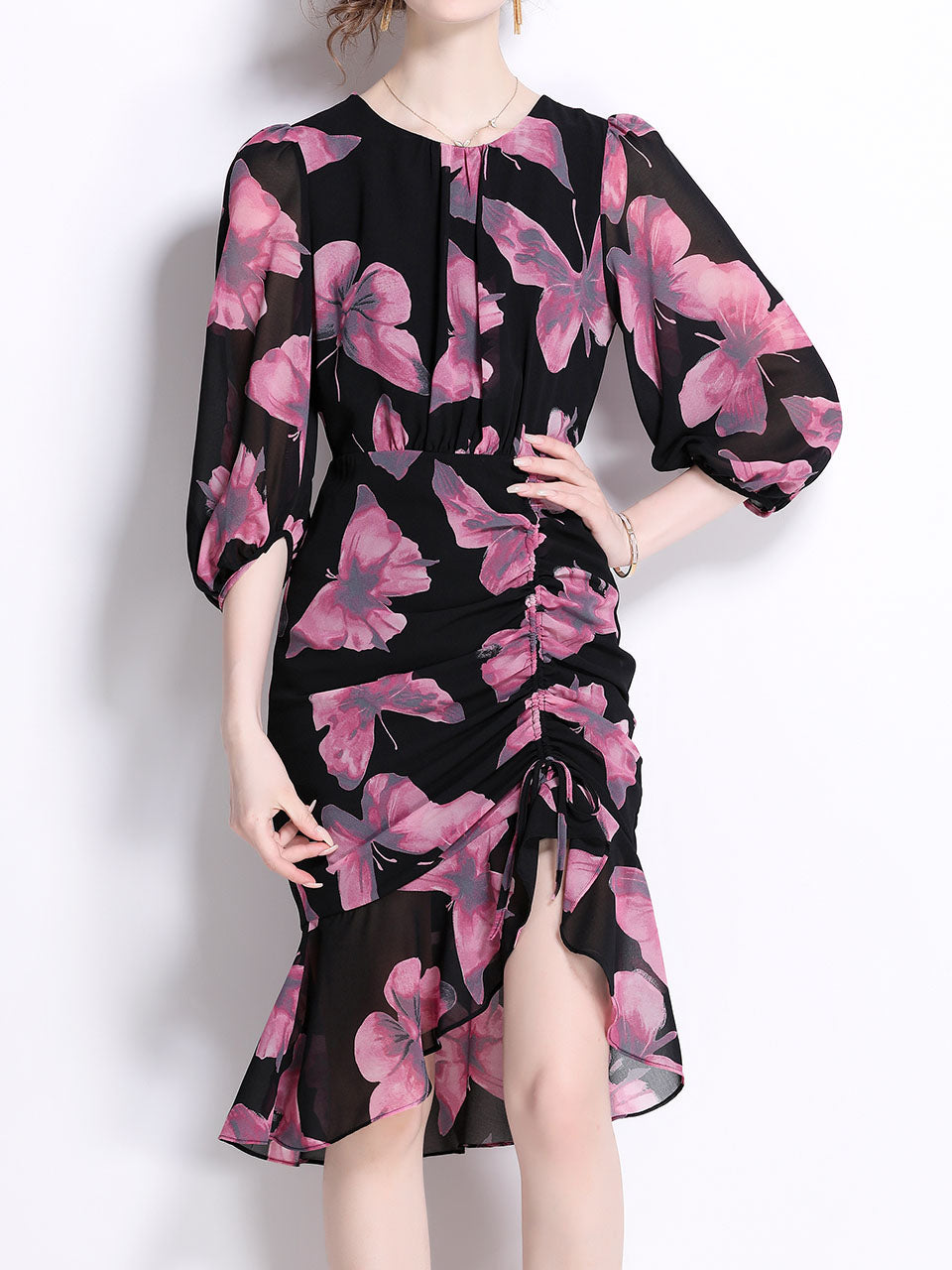 Purple Crew Neck Puff Sleeves Floral Print Slit Bodycon Dress
