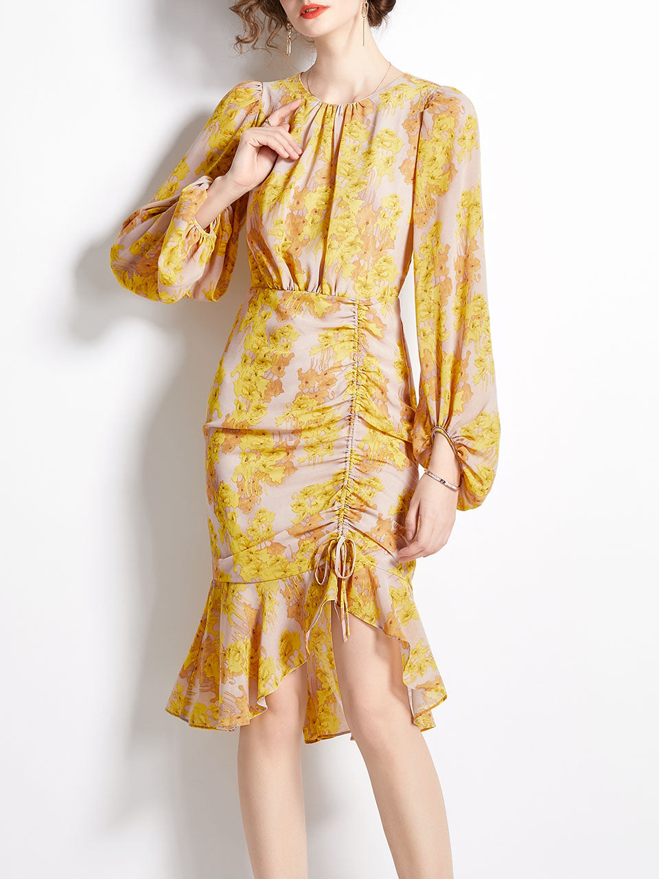 Grey Crew Neck Puff Sleeves Floral Print Bodycon Dress
